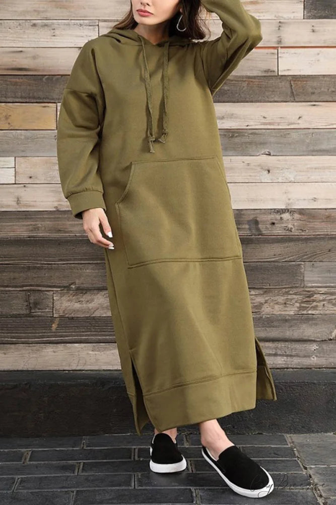 Pocketed Slit Hem Hoodie Dress Army Green / S