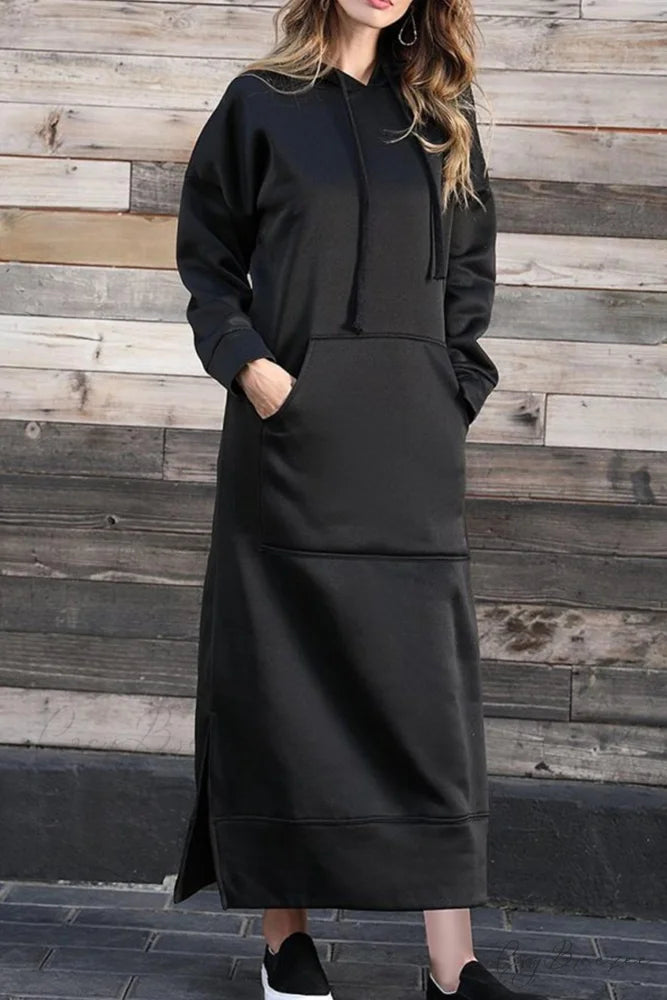 Pocketed Slit Hem Hoodie Dress Black / S