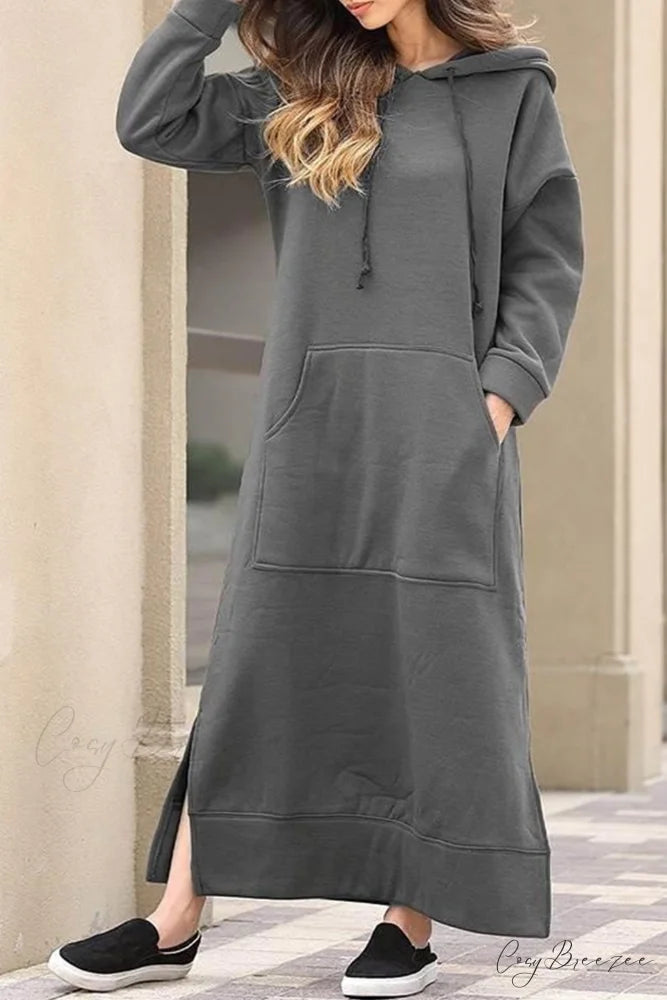 Pocketed Slit Hem Hoodie Dress Dark Grey / S