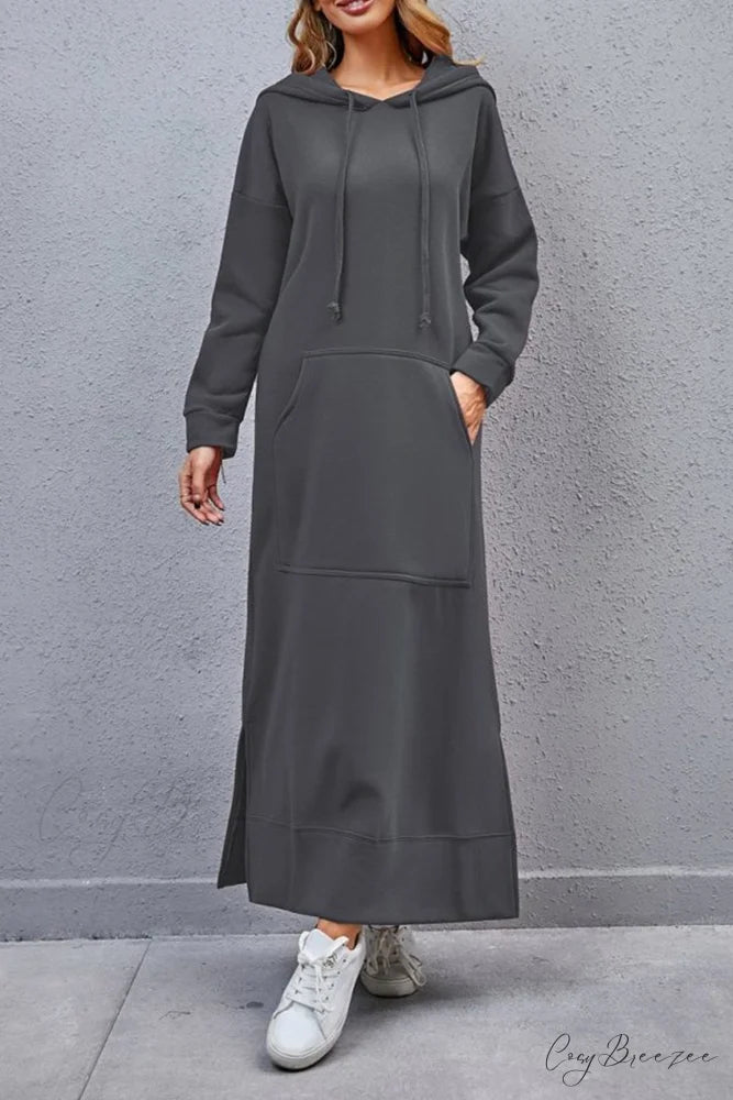 Pocketed Slit Hem Hoodie Dress Dark Grey / XL