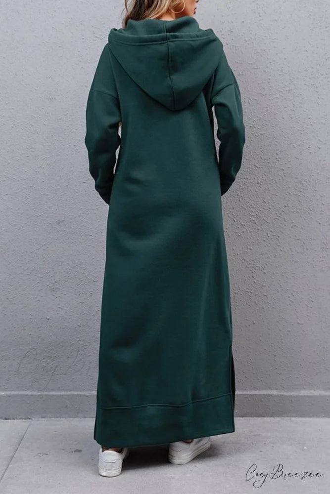 Pocketed Slit Hem Hoodie Dress Green / 2XL