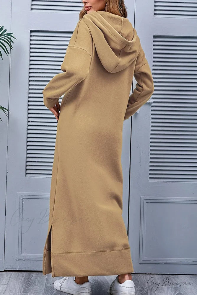 Pocketed Slit Hem Hoodie Dress Khaki / 4XL