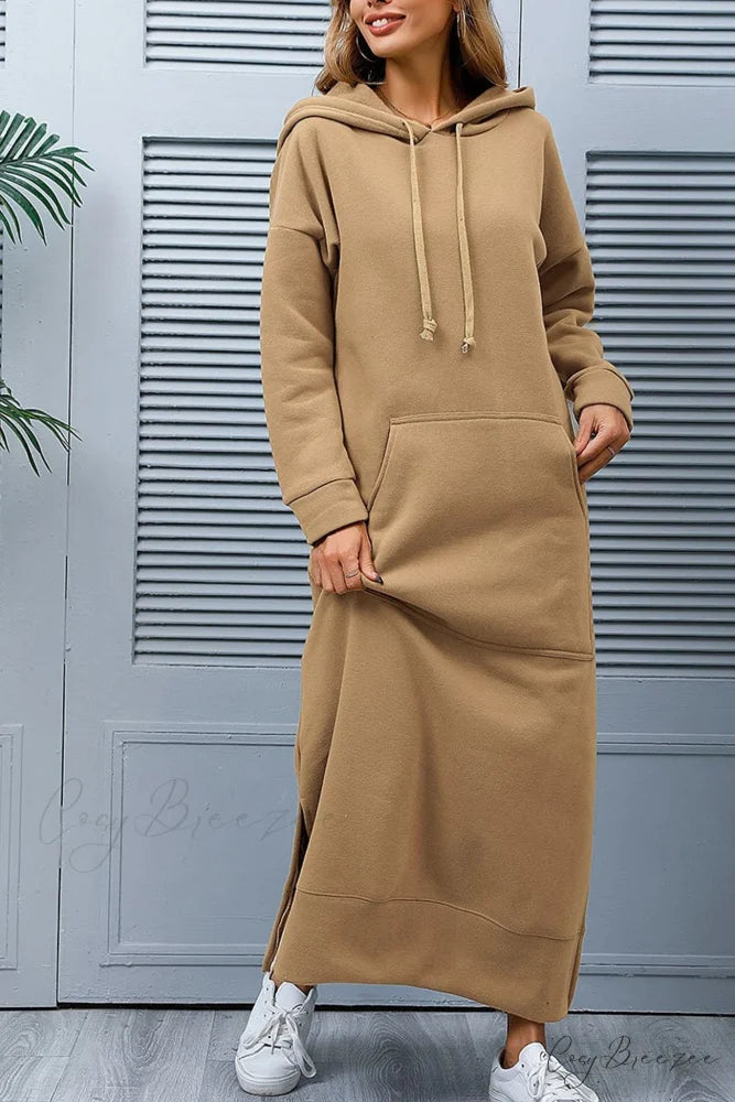 Pocketed Slit Hem Hoodie Dress Khaki / S