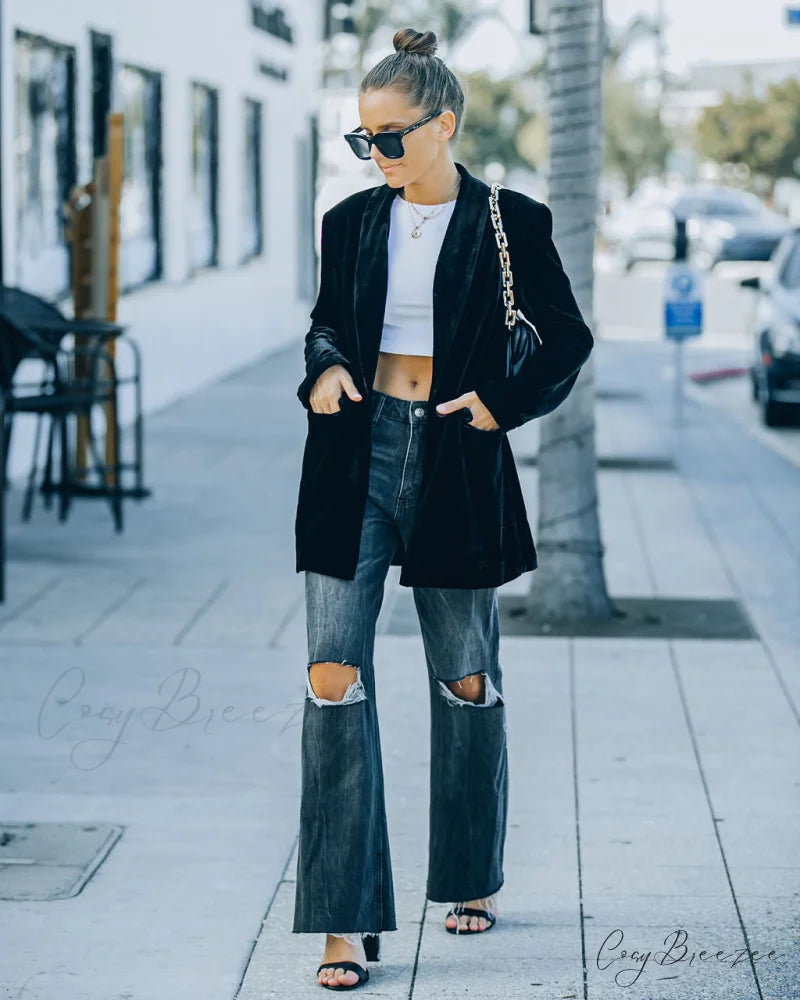 Pocketed Velvet Blazer - Black