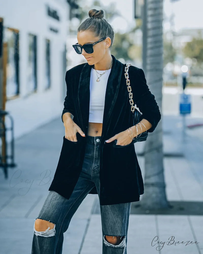 Pocketed Velvet Blazer - Black