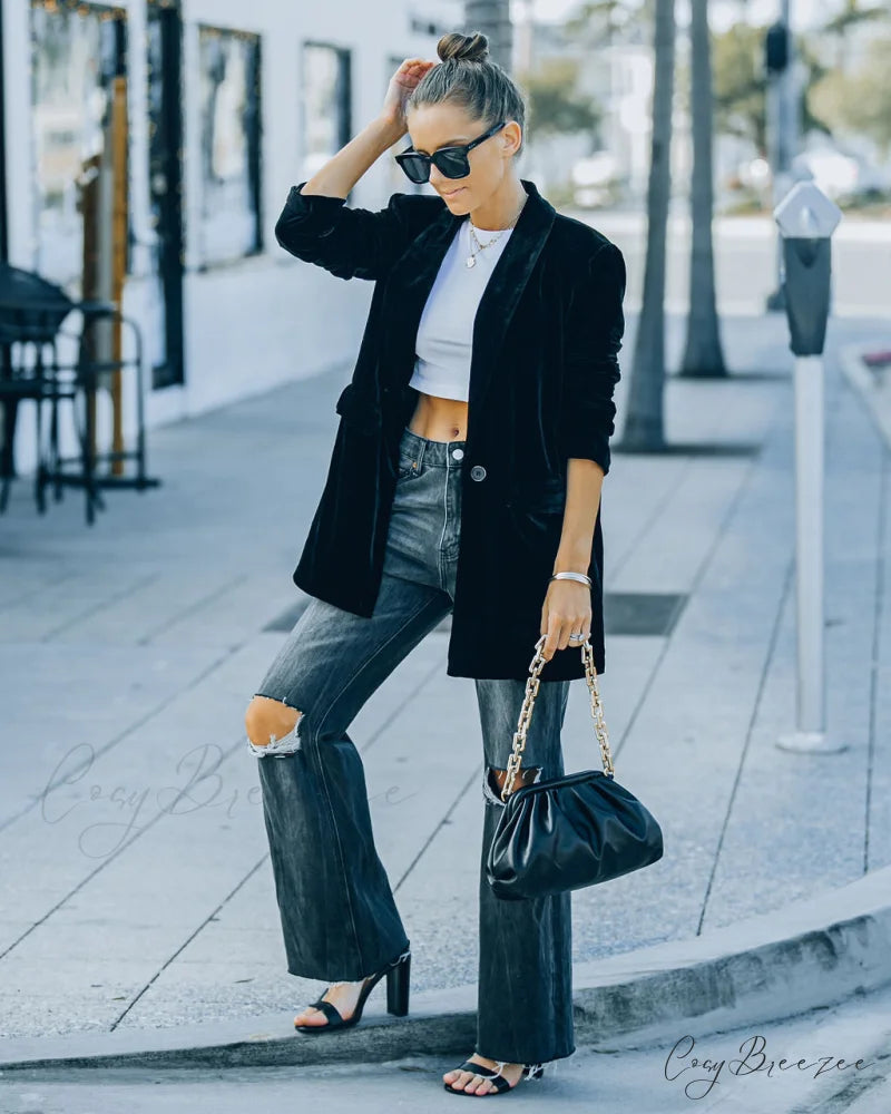 Pocketed Velvet Blazer - Black