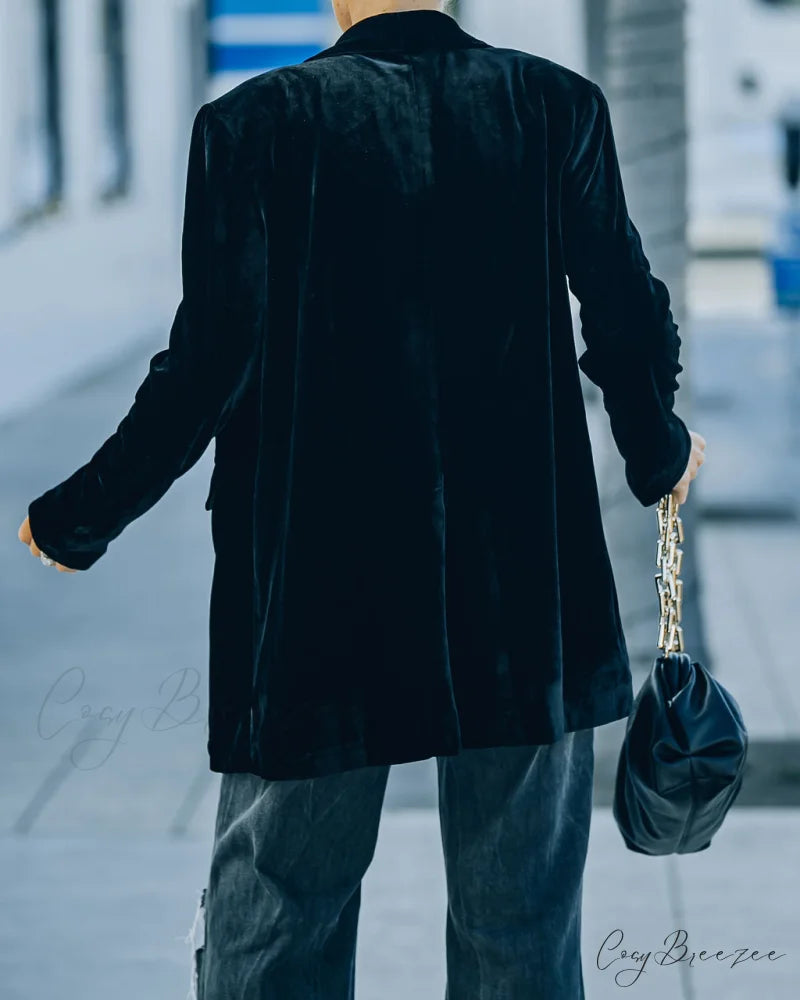 Pocketed Velvet Blazer - Black