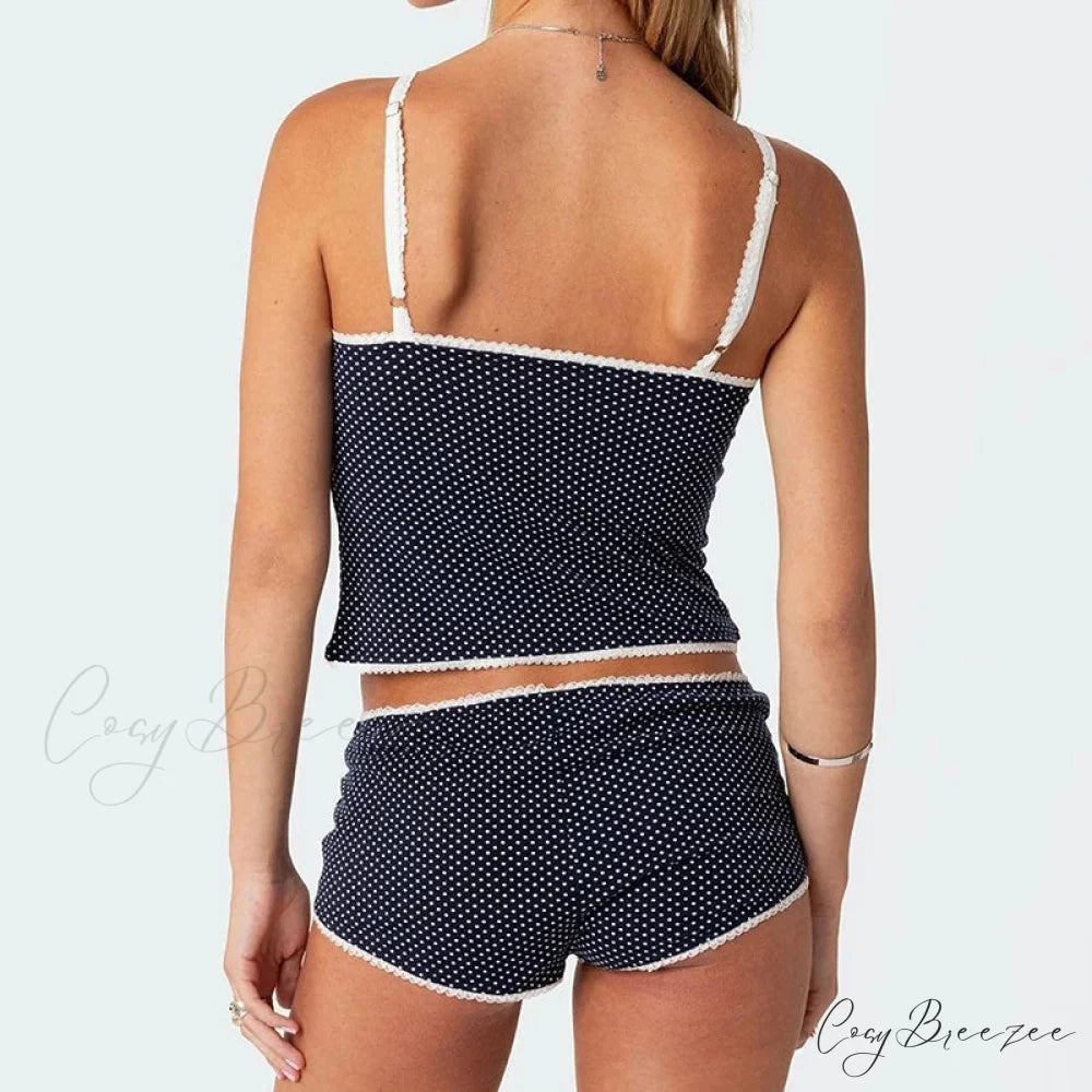 Polka Dot Lace Trim Camisole Micro Shorts Vintage Lounge Two Pieces Set twopiecesset-250126