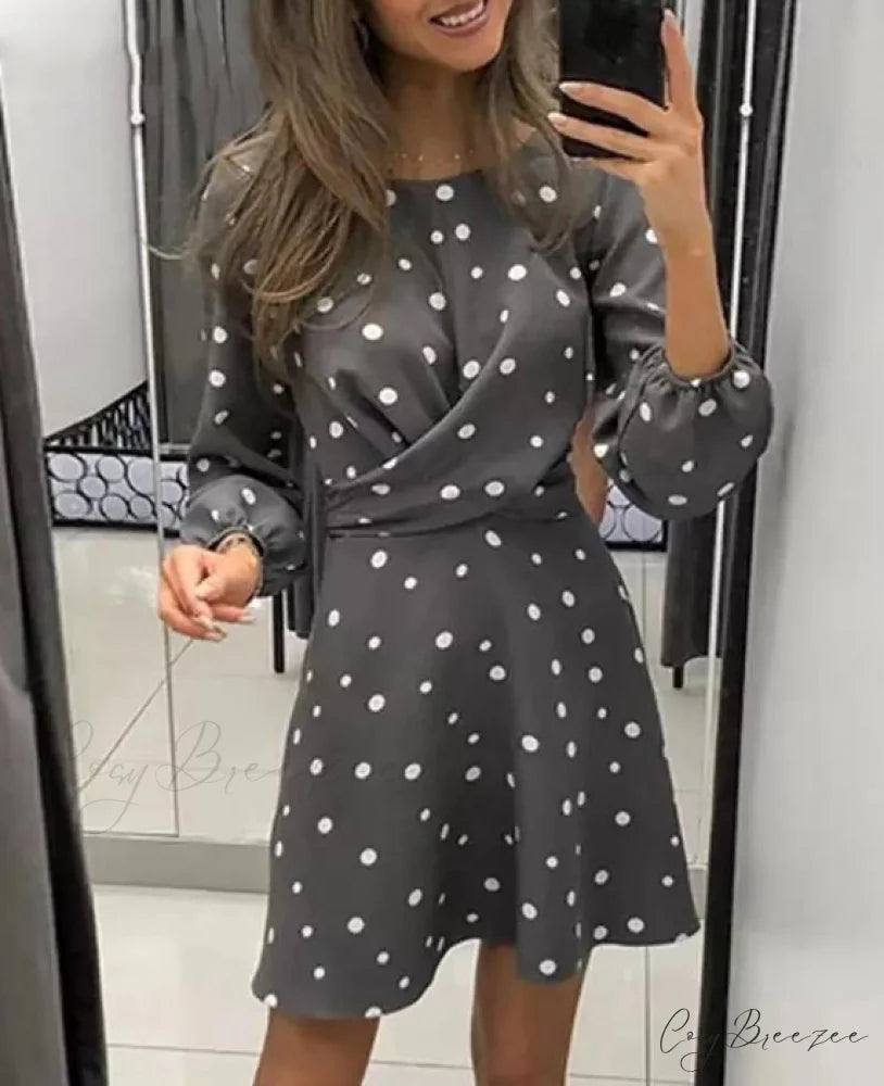 Polka Dot Printed Women’s Dress with O-neck and Long Sleeves M / BLACK