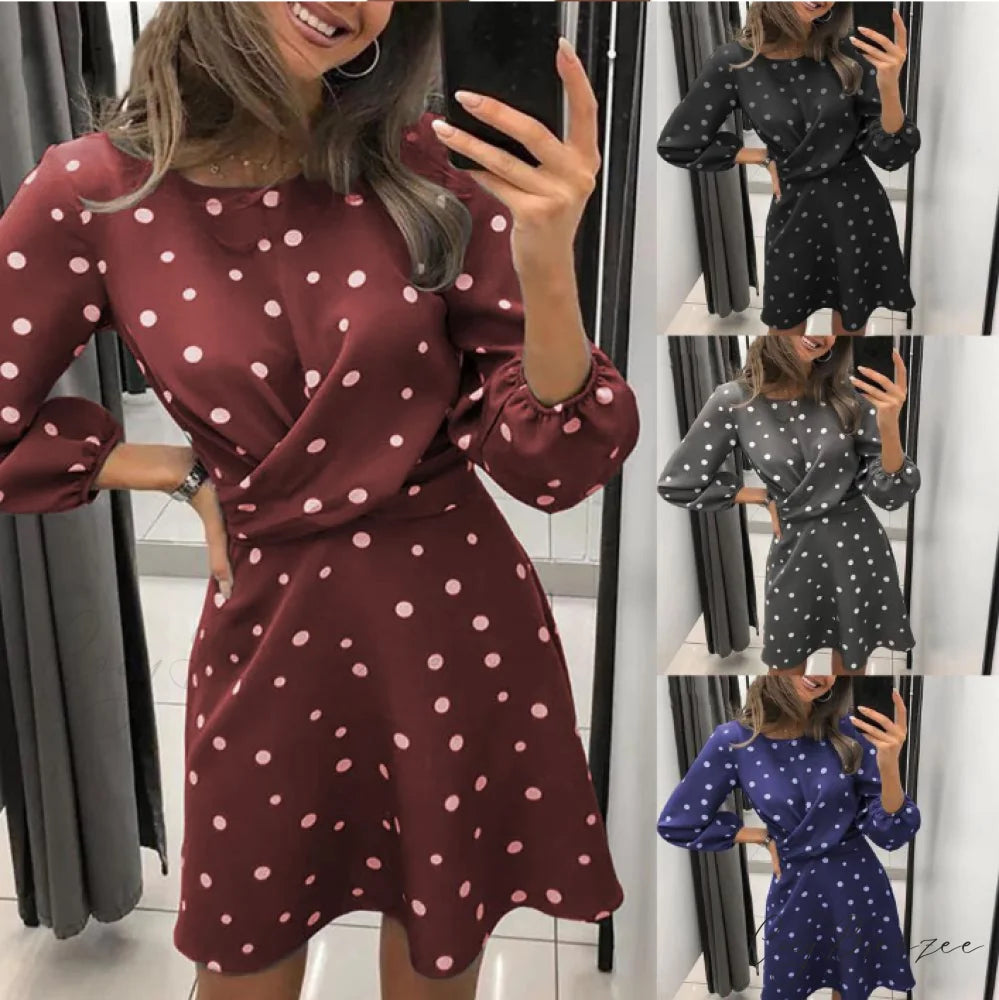 Polka Dot Printed Women’s Dress with O-neck and Long Sleeves M / BURGUNDY