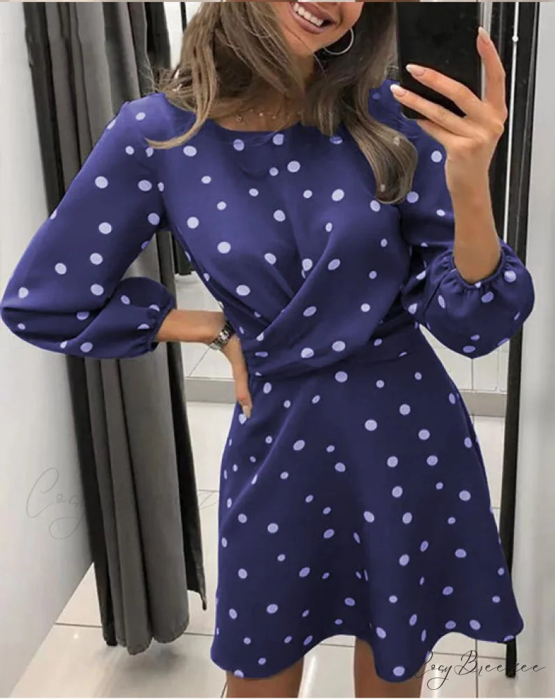 Polka Dot Printed Women’s Dress with O-neck and Long Sleeves M / GRAY