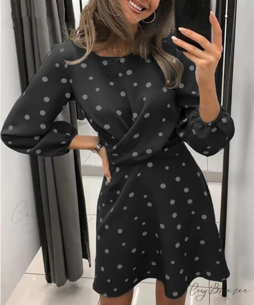 Polka Dot Printed Women’s Dress with O-neck and Long Sleeves S / BLUE
