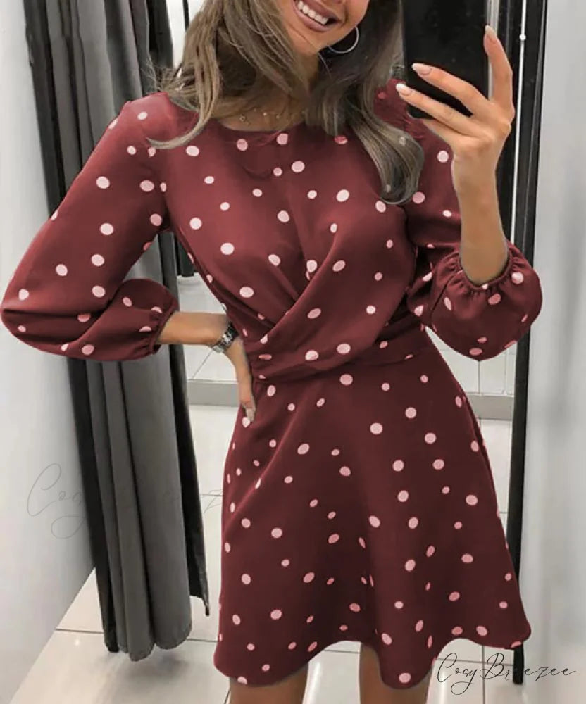 Polka Dot Printed Women’s Dress with O-neck and Long Sleeves S / BURGUNDY
