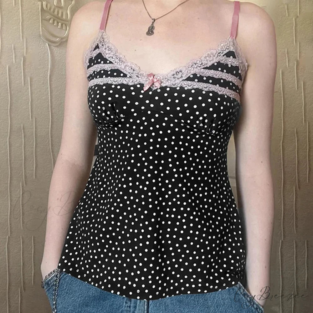 Polka Dot Ribbon Lace Crop Top Black / S croptop-250223