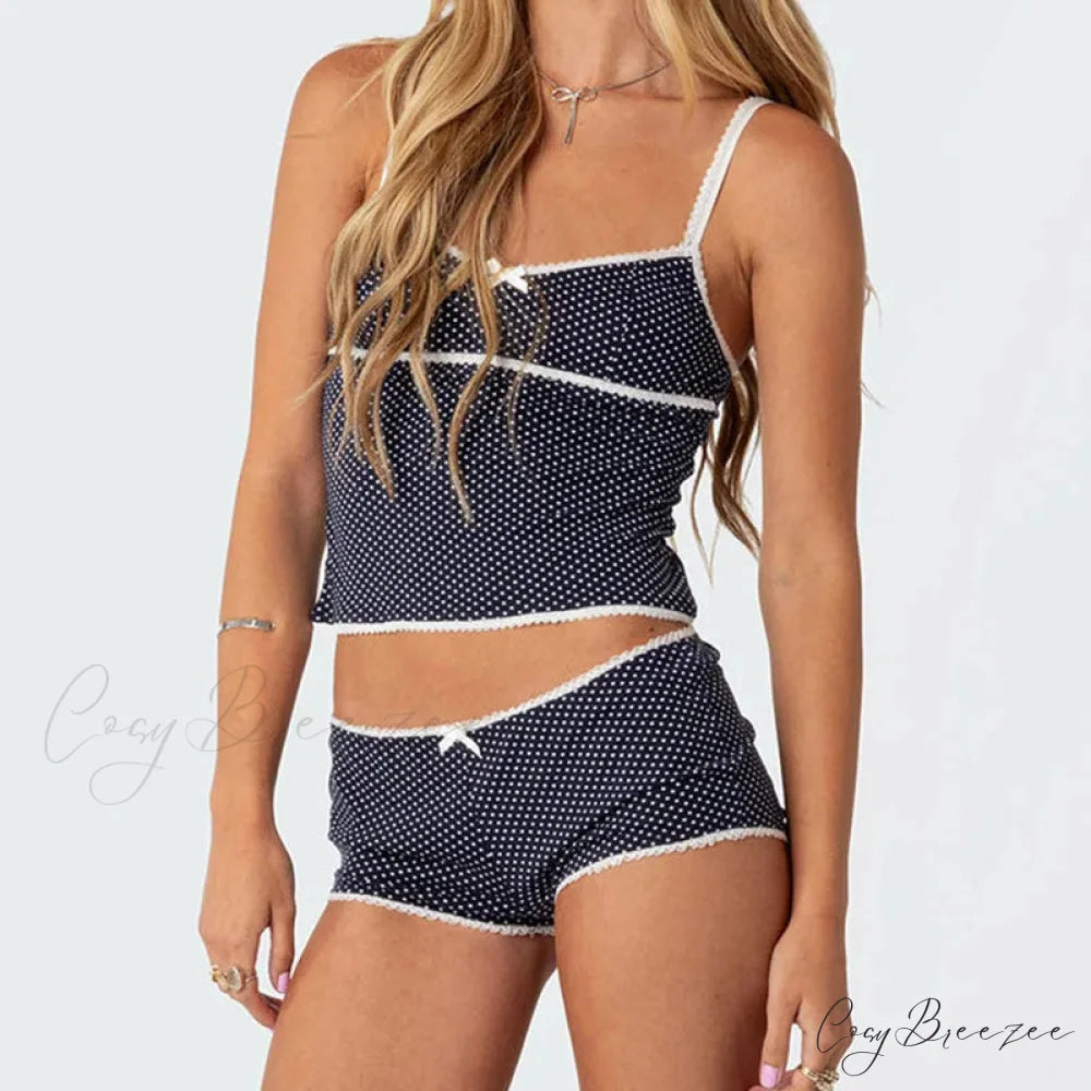 Polka Dot Vintage Crop Tops Micro Shorts Two Pieces Set twopiecesset-250126