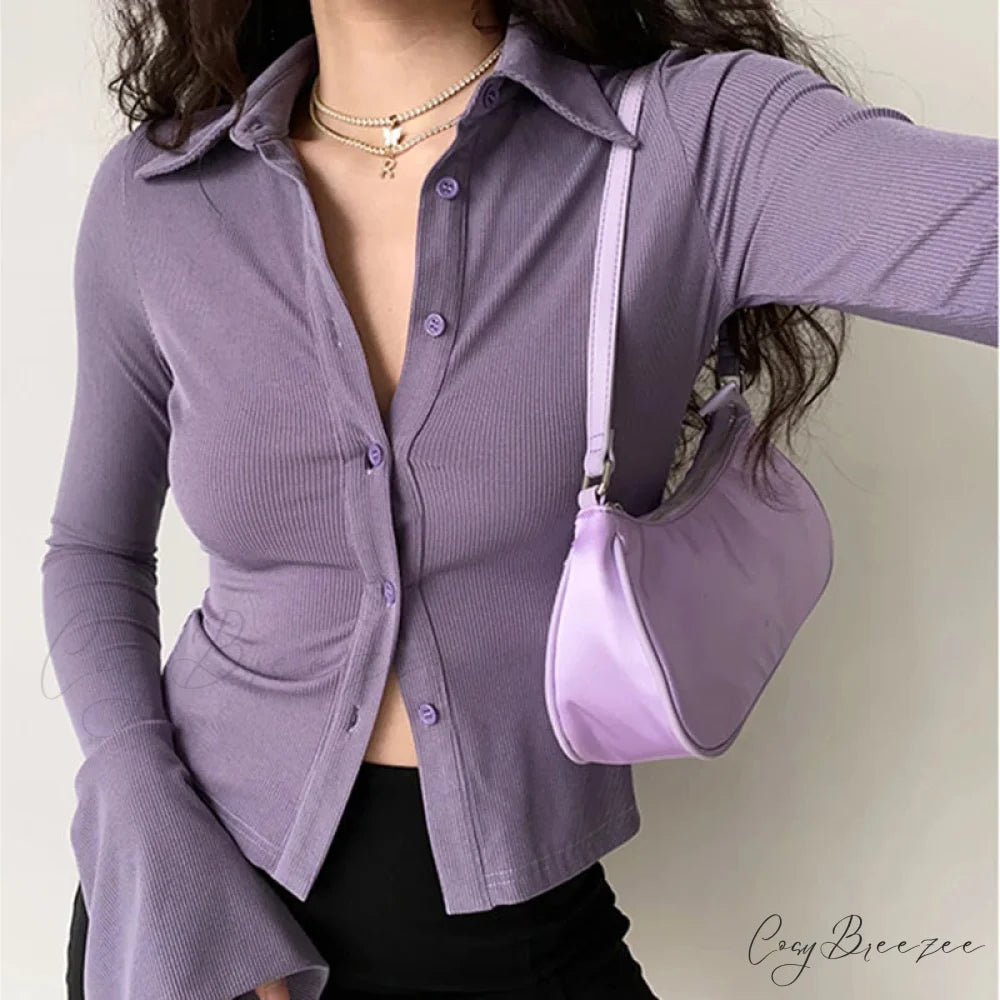 Polo Lapel Flared Sleeve Shirt blouse-250223