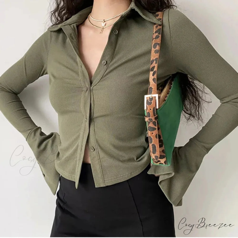 Polo Lapel Flared Sleeve Shirt blouse-250223