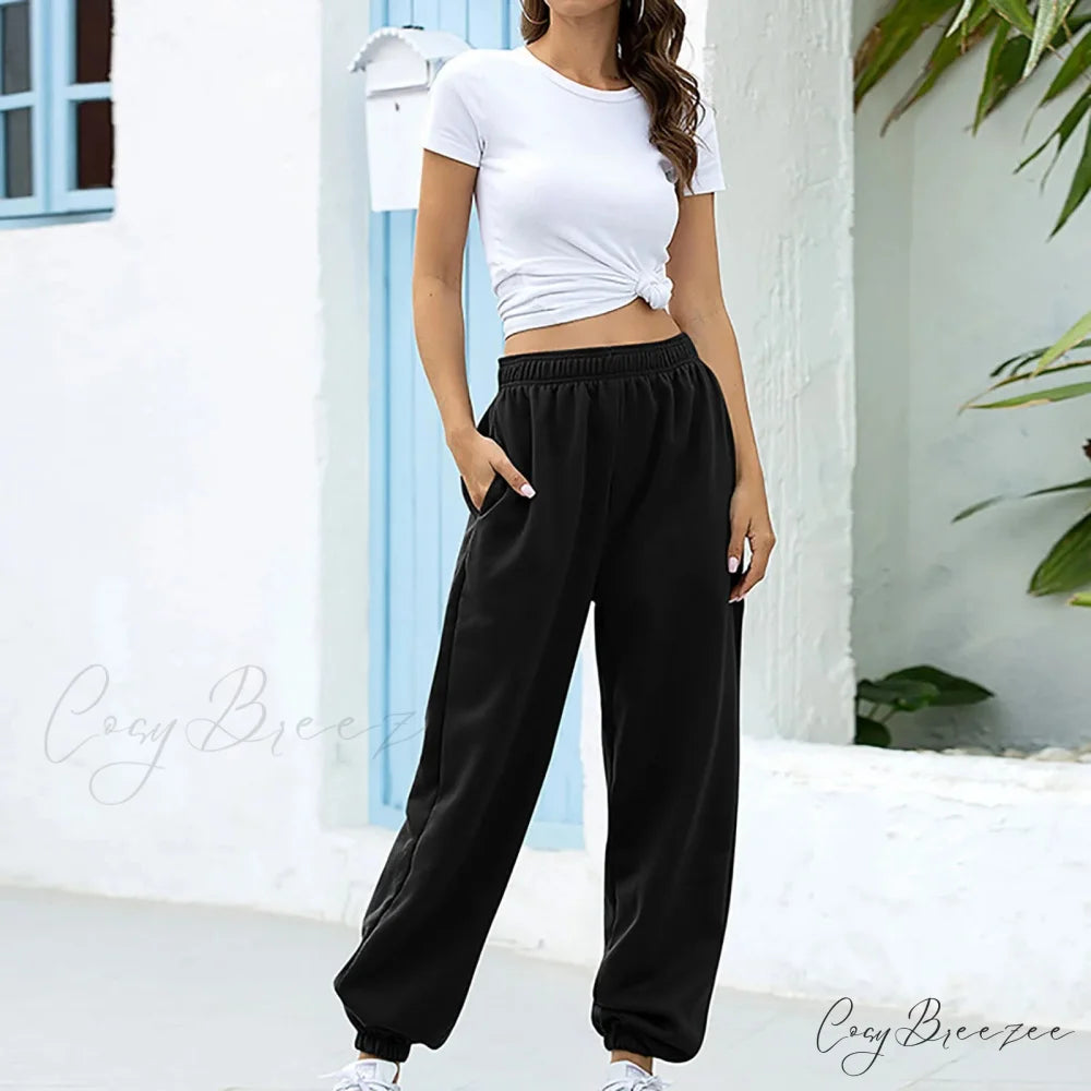 Polyester High Waist Leisure Pants Black / S pants-241228