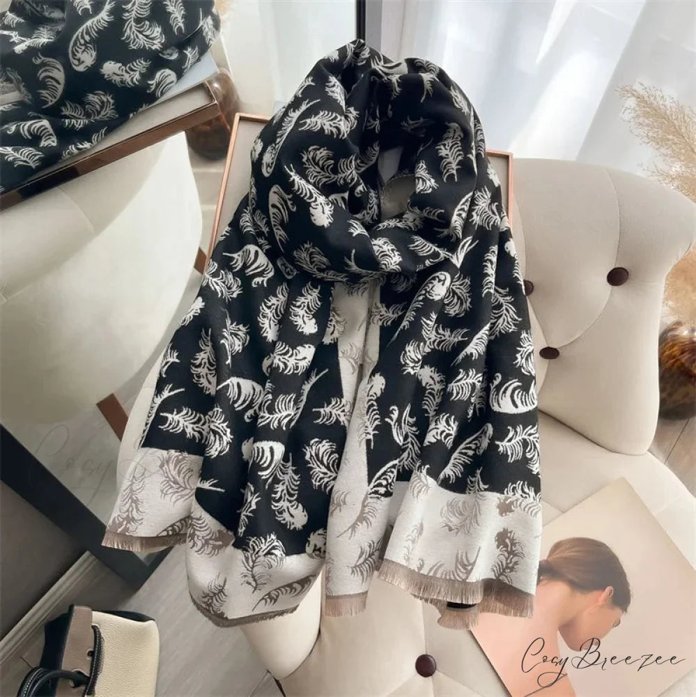 Poncho Cashmere Feather Print Scarf black 2 scarf-241228