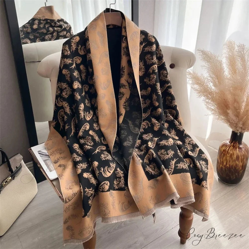 Poncho Cashmere Feather Print Scarf black3 scarf-241228