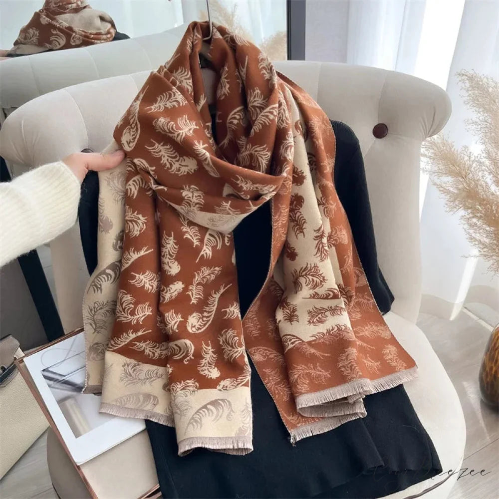 Poncho Cashmere Feather Print Scarf red scarf-241228