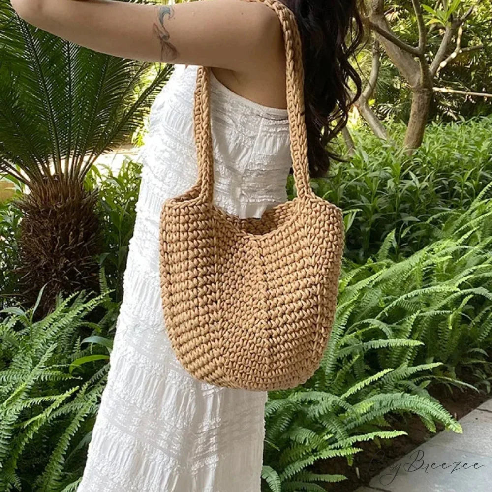 Popular Woven Bucket Shoulder Bag Khaki shoulder-250126