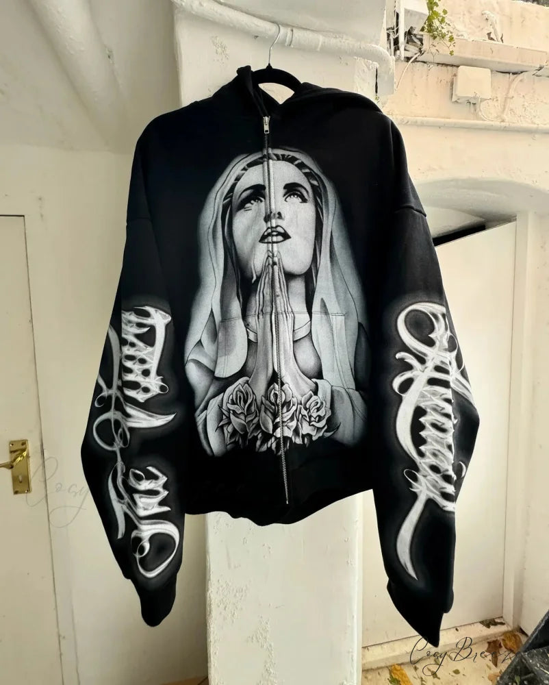 Prayer Portrait Black Zipper Hoodie hoodies-241228