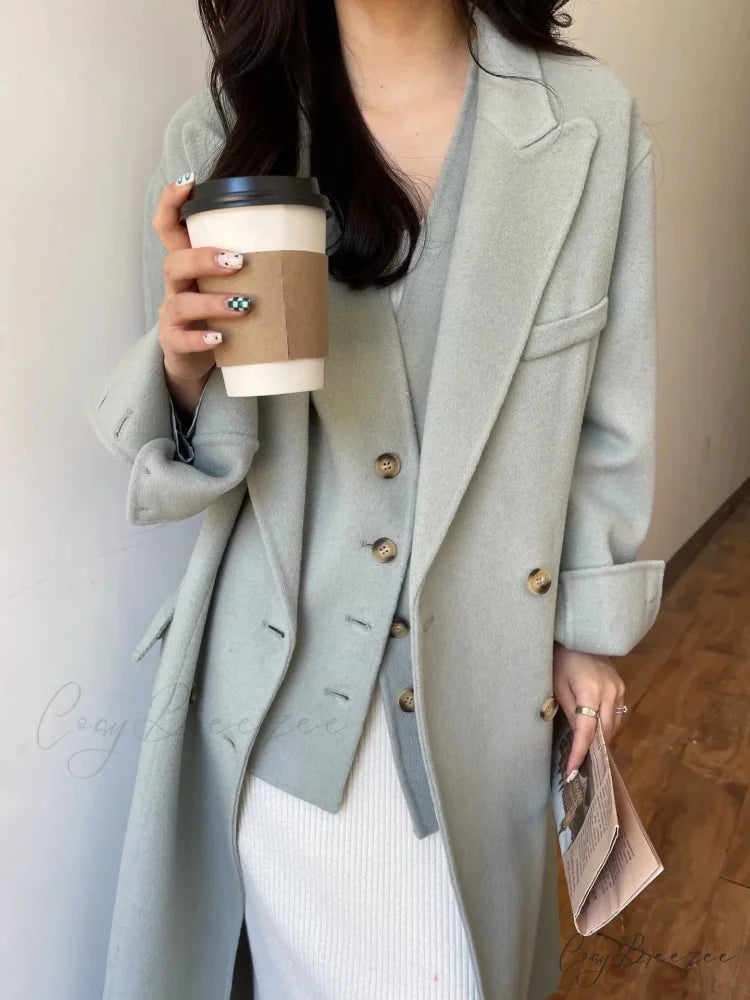 Premium Wool Cashmere Double-Sided Coat Light Blue / One Size overcoats-241228