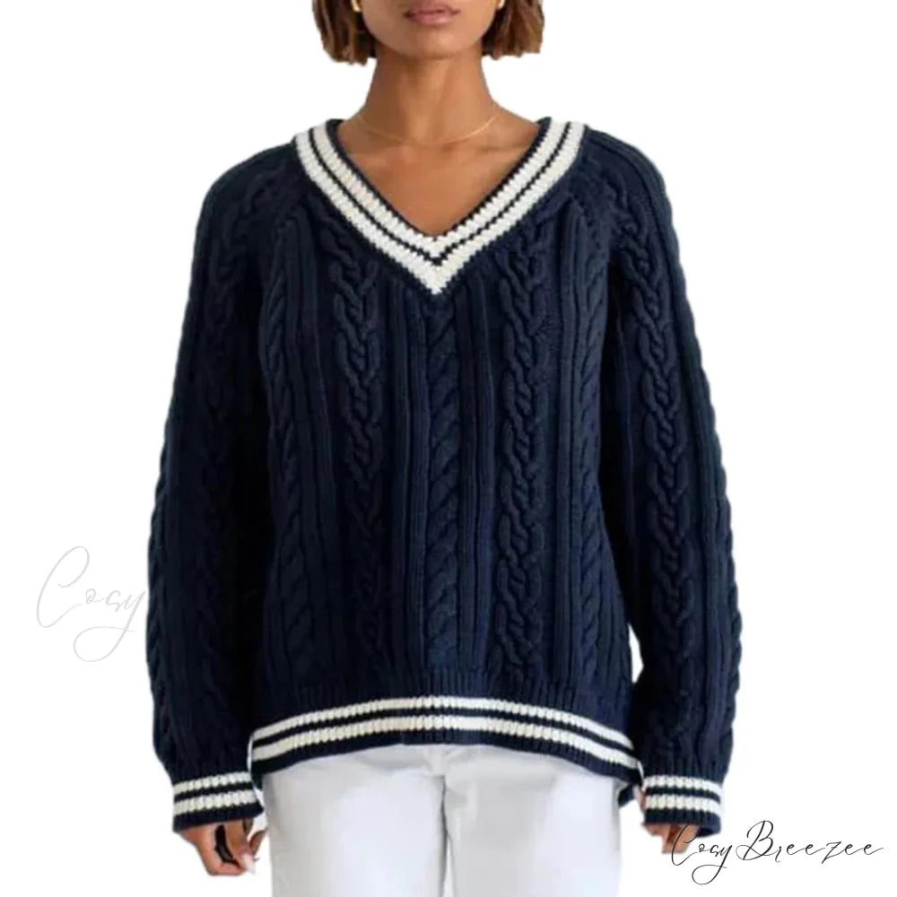 Preppy Cable Knit Striped V-neck Sweater Navy Blue / S swraters-241228