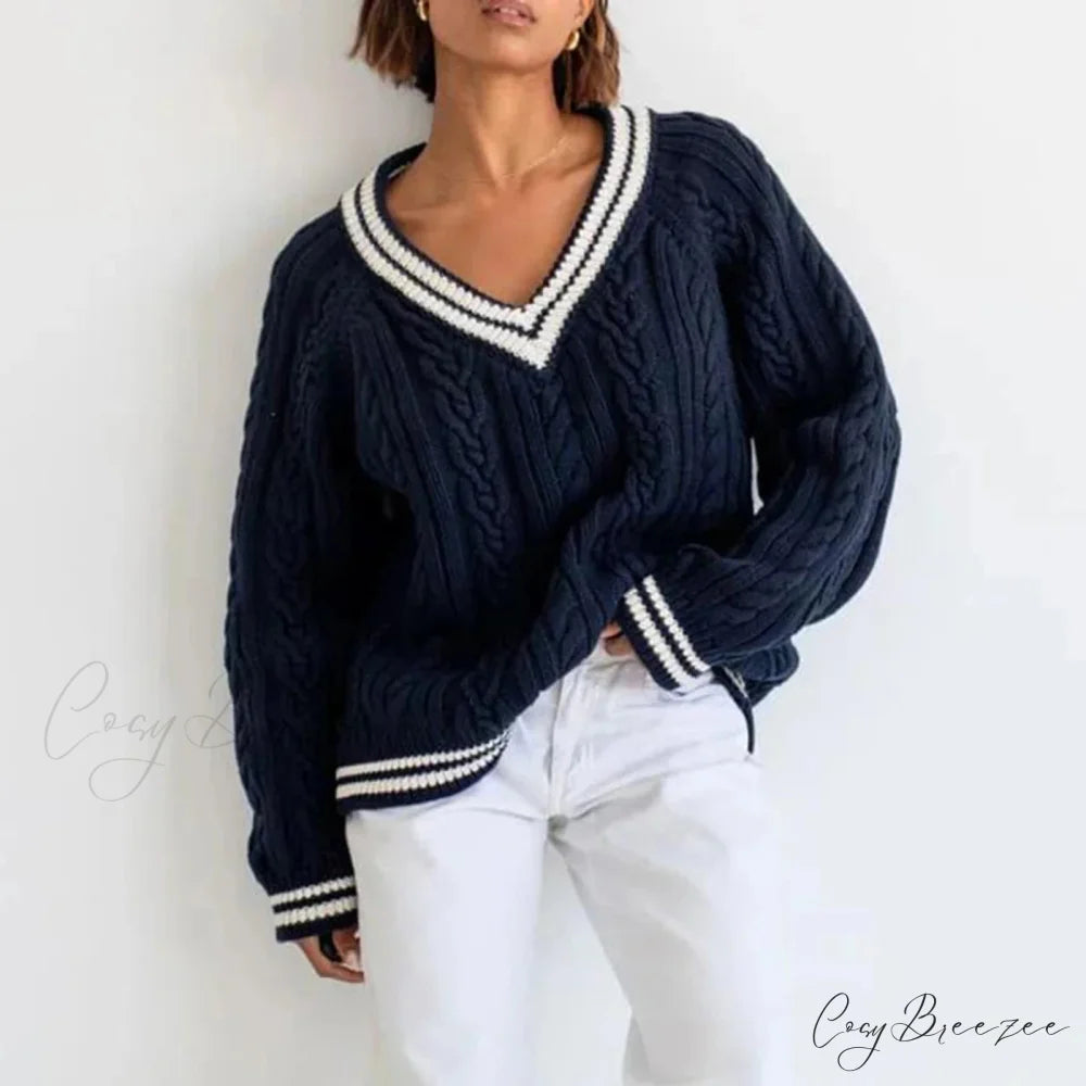 Preppy Cable Knit Striped V-neck Sweater swraters-241228