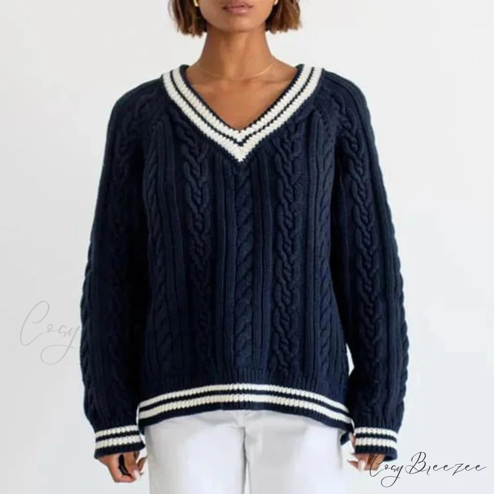 Preppy Cable Knit Striped V-neck Sweater swraters-241228