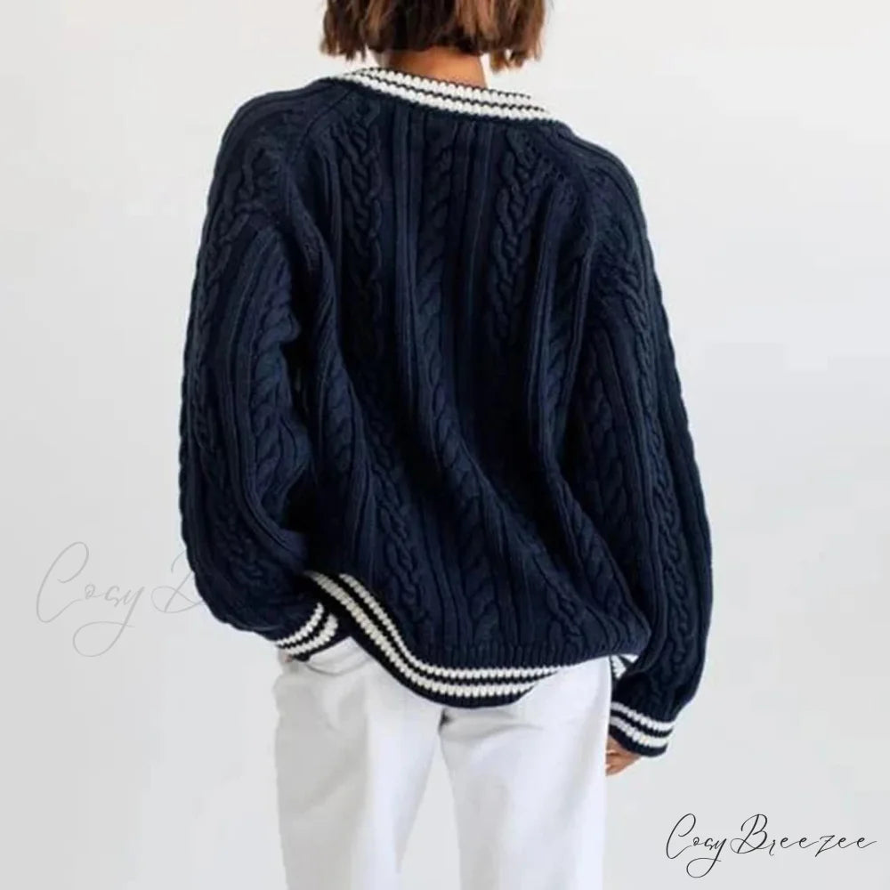 Preppy Cable Knit Striped V-neck Sweater swraters-241228