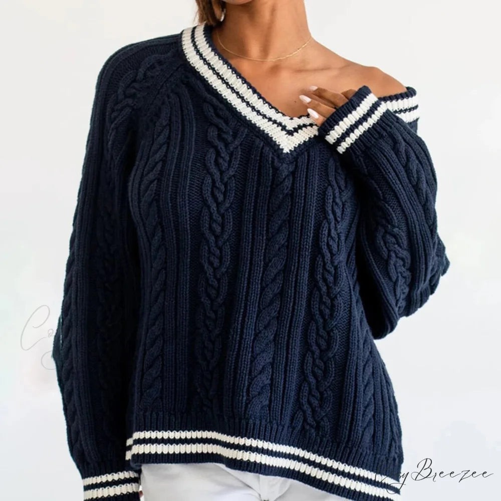 Preppy Cable Knit Striped V-neck Sweater swraters-241228