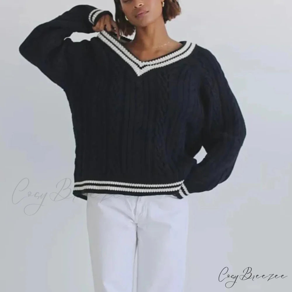 Preppy Cable Knit Striped V-neck Sweater swraters-241228