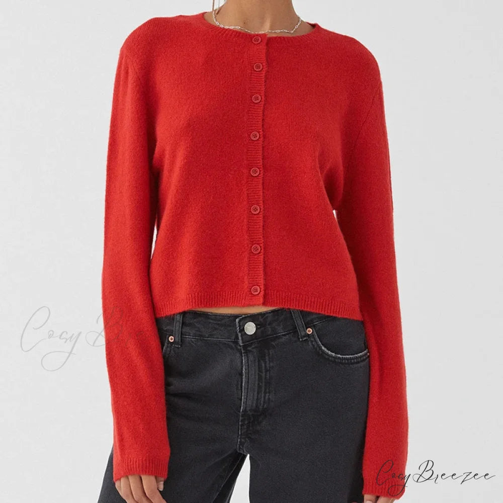 Preppy Crew Neck Button Up Front Cardigan Red / S cardiagn-250126