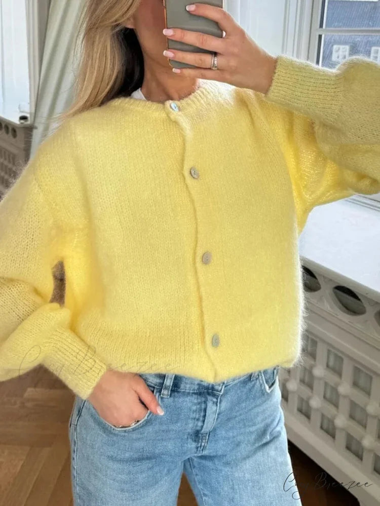 Preppy Y2K Button-Down Knit Casual Soft Cardigan Jacket Yellow / S cardiagn-250126