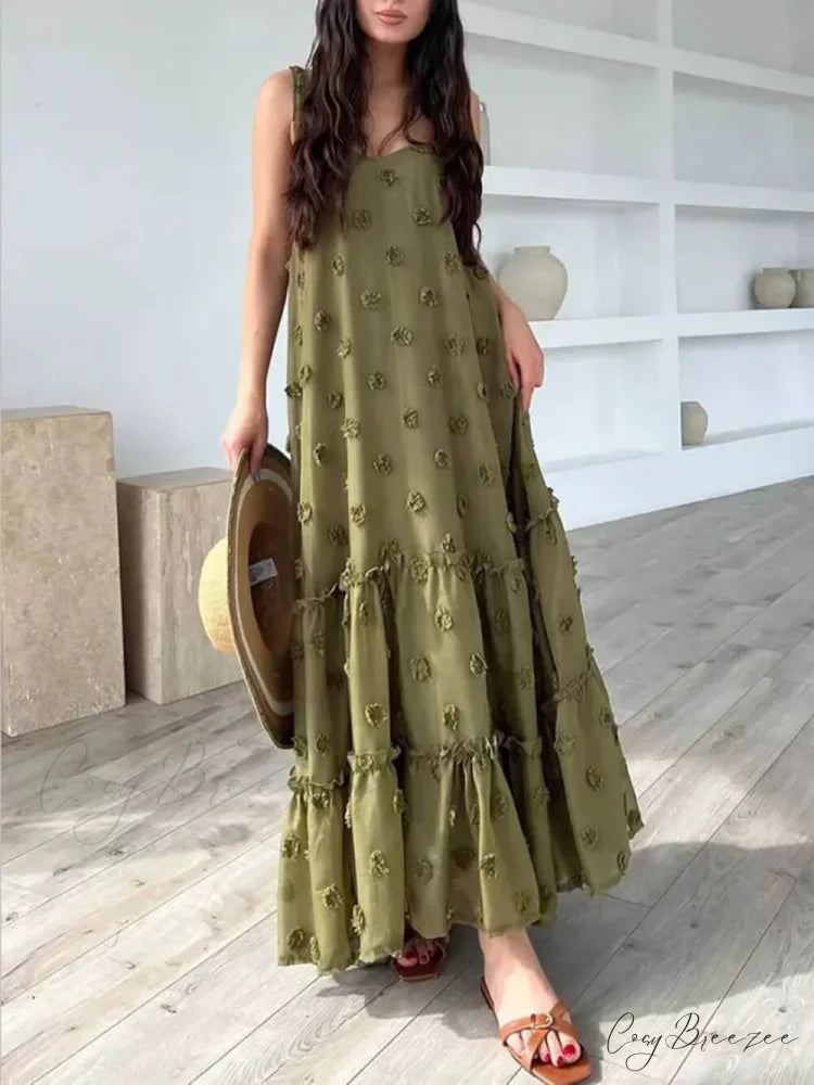 Pretty Flower Decor A-Line Graceful Layered Loose Maxi Dress Green / S