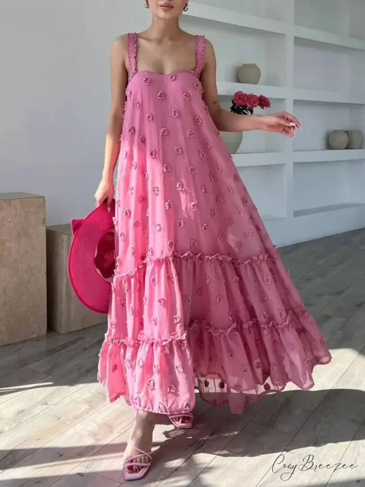 Pretty Flower Decor A-Line Graceful Layered Loose Maxi Dress Pink / S