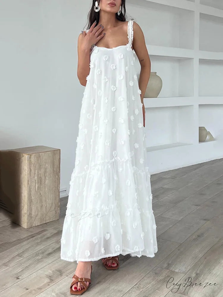 Pretty Flower Decor A-Line Graceful Layered Loose Maxi Dress White / S