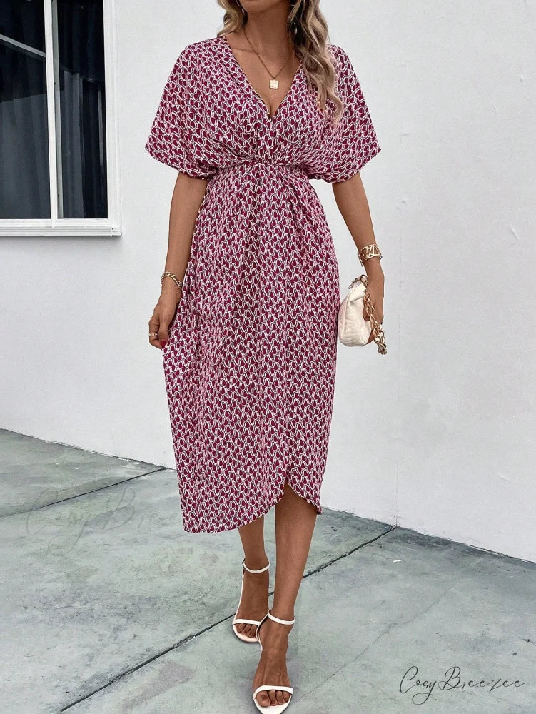 Print Batwing Sleeve Wrap Hem Dress Burgundy / S