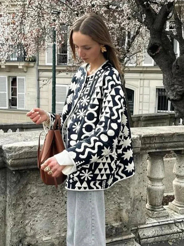 Print Cotton Single-Breasted O-Neck Coat overcoats-241228