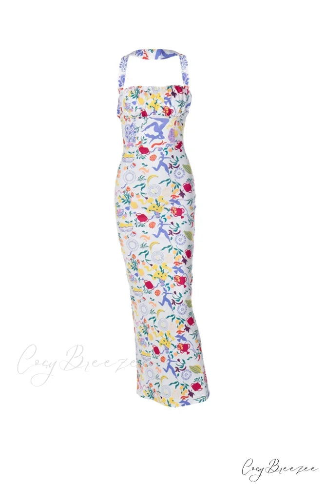 Print Halter Backless Dress in Multicolor