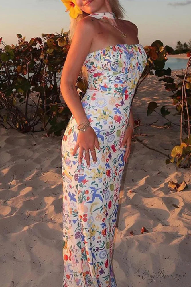 Print Halter Backless Dress in Multicolor White / S