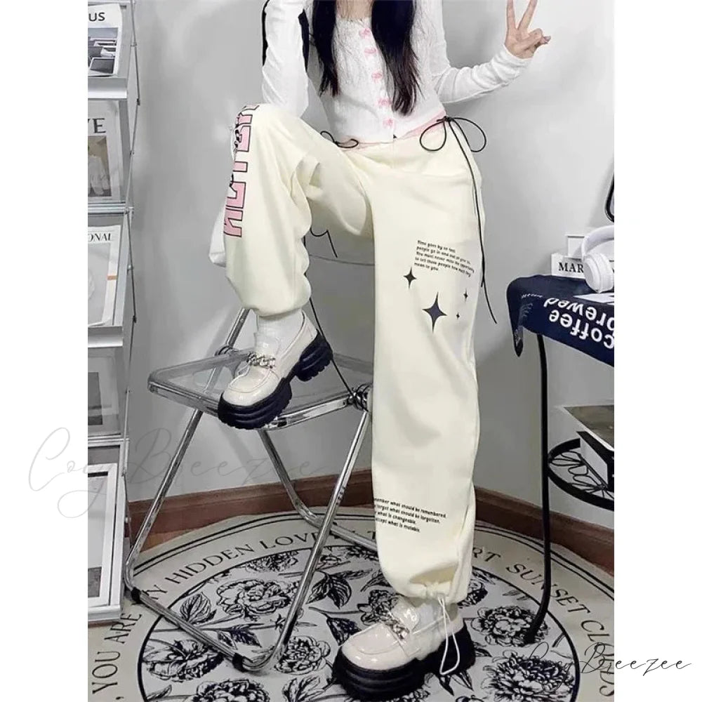 Print Letter Relaxed Straight Pants pants-241228