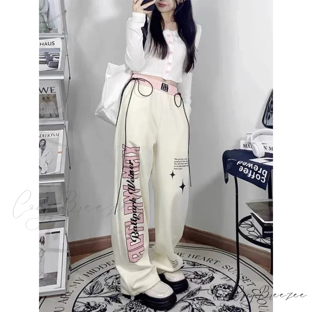 Print Letter Relaxed Straight Pants pants-241228