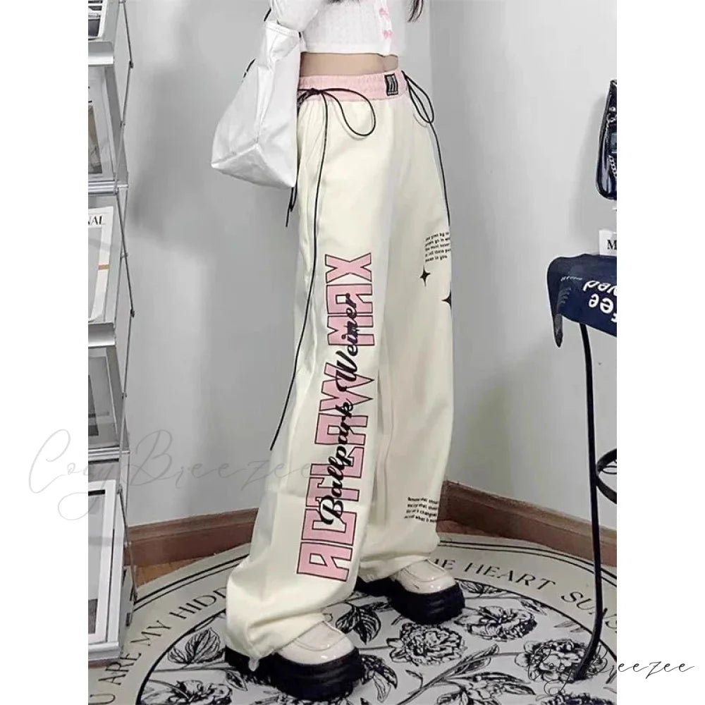 Print Letter Relaxed Straight Pants pants-241228