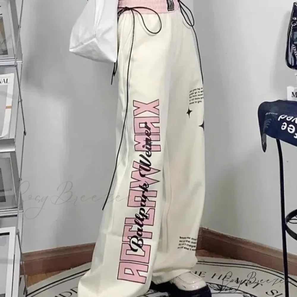 Print Letter Relaxed Straight Pants pants-241228