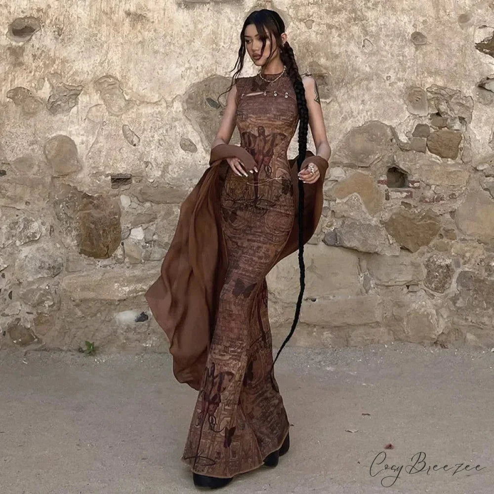 Print Sleeveless Bodycon Maxi Dress Brown / S