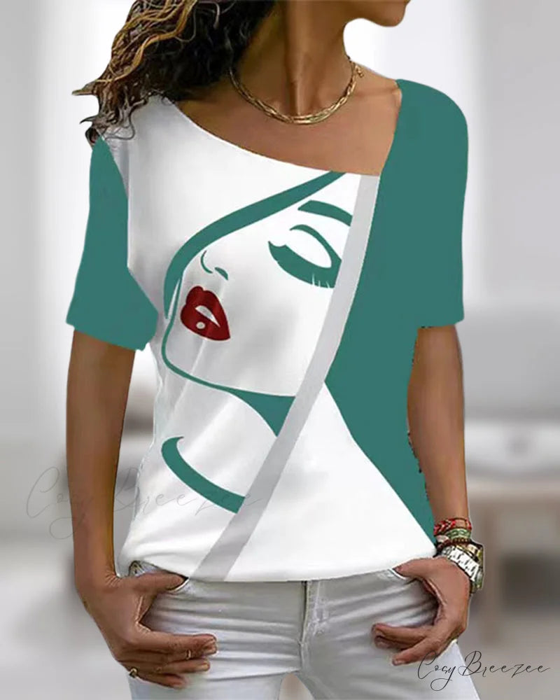 print V-neck face tee