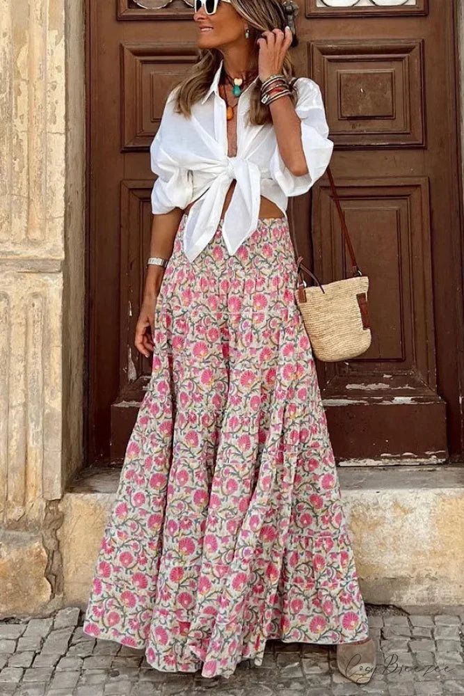 Printed A-Line Beach Skirt for Summer Casual Vacation Pink / S skirt-250126